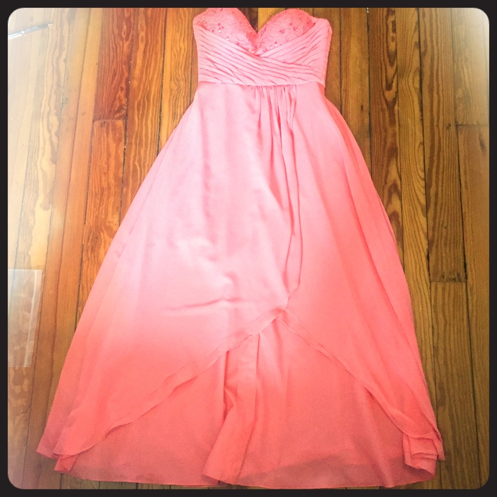 Mori Lee coral high-low bridesmaid dress #142 - Picture 2 of 8